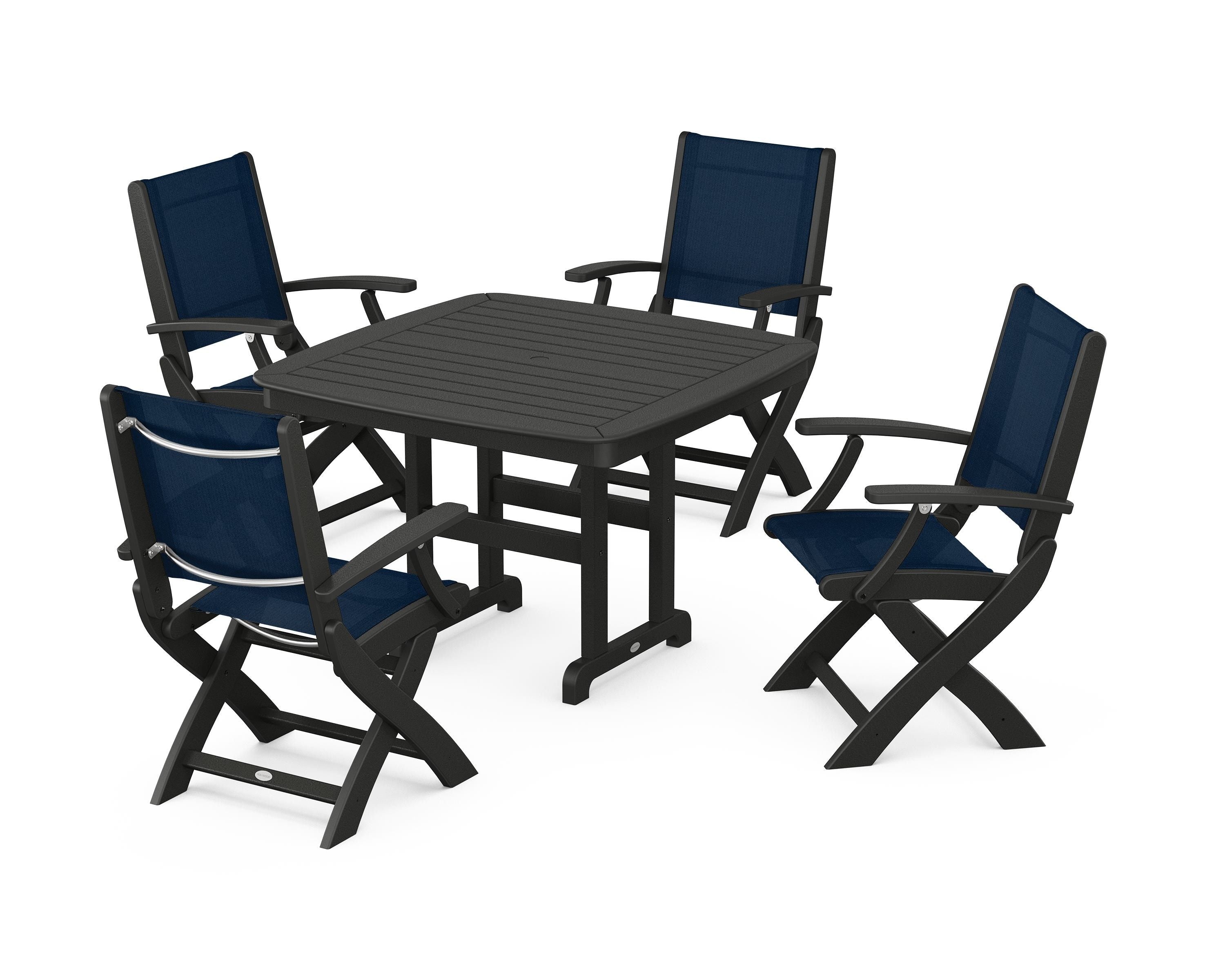 POLYWOOD® Coastal Folding Chair 5-Piece Dining Set in Black / Navy Blue Sling