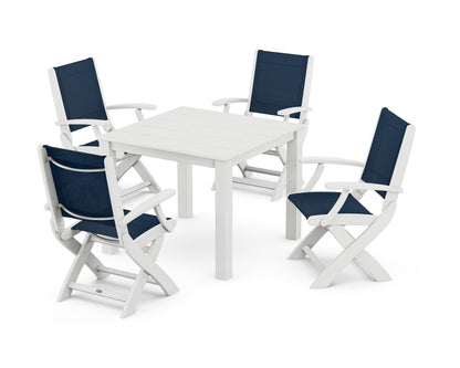 POLYWOOD® Coastal Folding Chair 5-Piece Parsons Dining Set in White / Navy Blue Sling