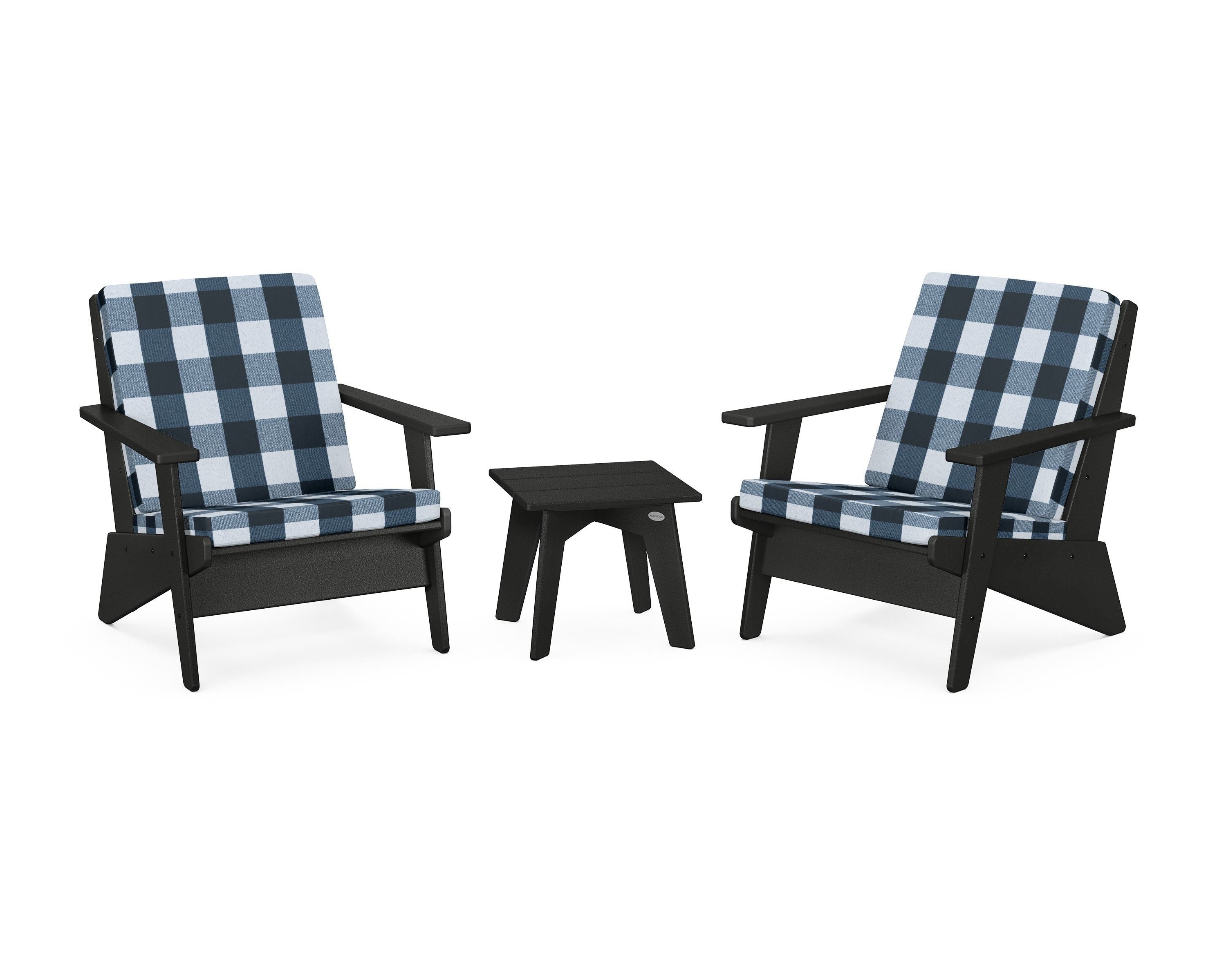 POLYWOOD® Riviera Modern Lounge 3-Piece Set in Black / Buffalo Plaid Marine Indigo