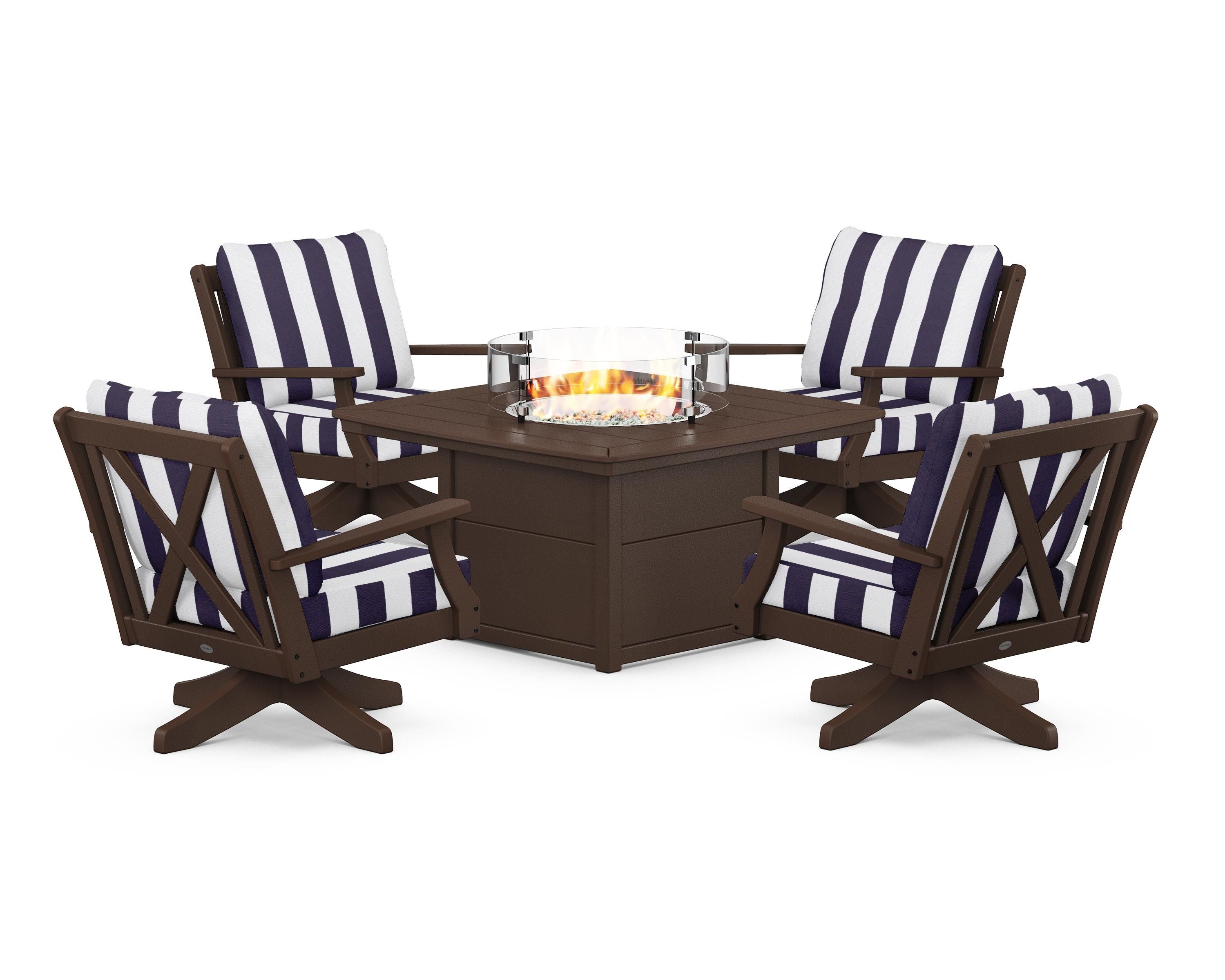POLYWOOD® Braxton 5-Piece Deep Seating Swivel Conversation Set with Fire Pit Table in Mahogany / Cabana Stripe Navy