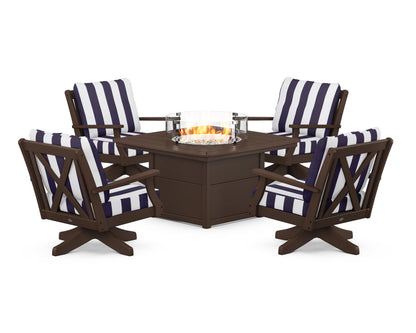 POLYWOOD® Braxton 5-Piece Deep Seating Swivel Conversation Set with Fire Pit Table in Mahogany / Cabana Stripe Navy