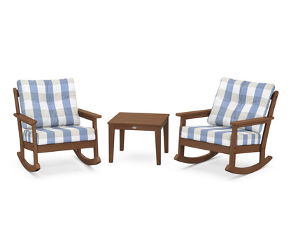 POLYWOOD® Vineyard 3-Piece Deep Seating Rocker Set in Teak / Buffalo Plaid Sky Blue