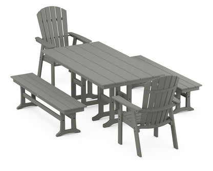 POLYWOOD® Nautical Curveback Adirondack 5-Piece Farmhouse Dining Set with Benches in Slate Grey