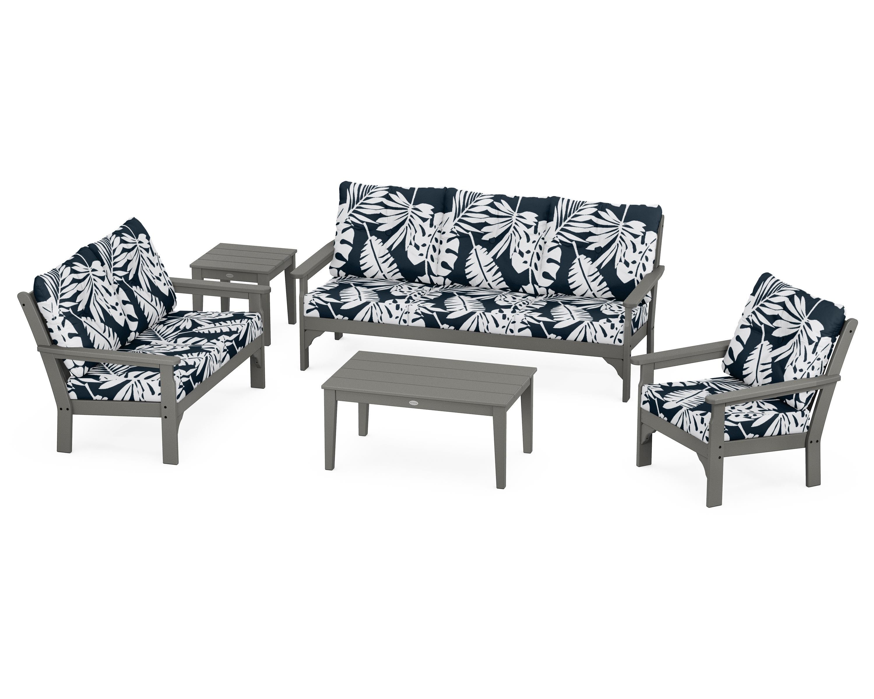 POLYWOOD® Vineyard 5 Piece Deep Seating Set in Slate Grey / Leaf Marine Indigo