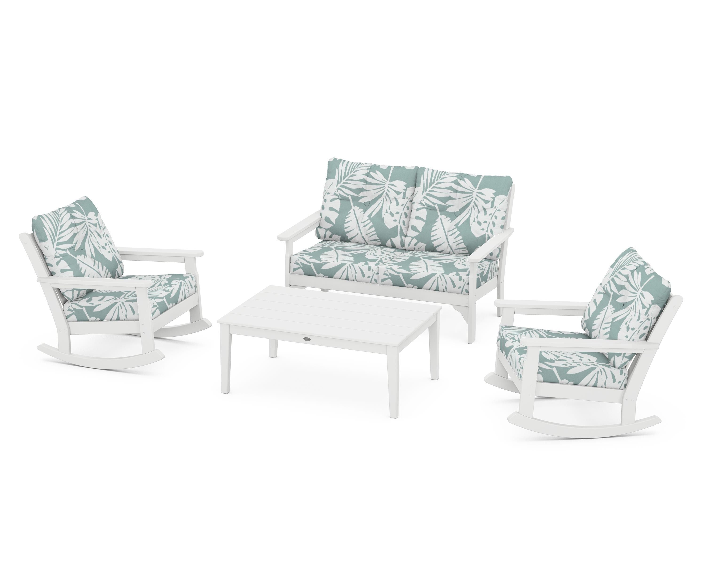 POLYWOOD® Vineyard 4-Piece Deep Seating Rocking Chair Set in White / Leaf Glacier Spa