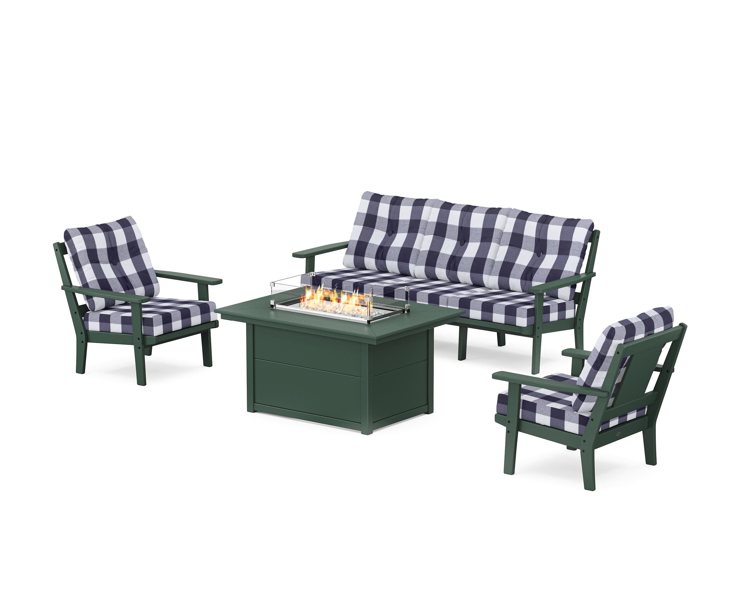 POLYWOOD® Prairie Deep Seating Fire Pit Table Set in Green / Buffalo Plaid Navy