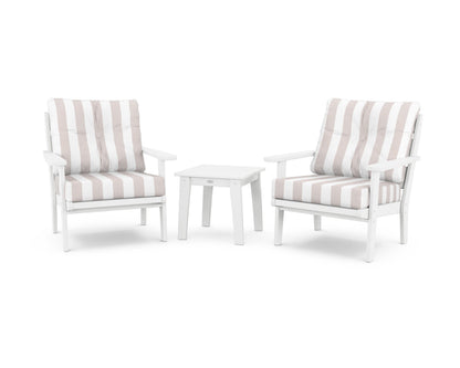 POLYWOOD® Lakeside 3-Piece Deep Seating Chair Set in White / Cabana Stripe Dune Burlap