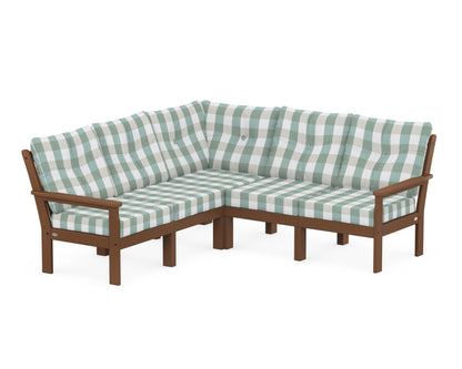 POLYWOOD® Vineyard 5-Piece Sectional in Teak / Buffalo Plaid Glacier Spa