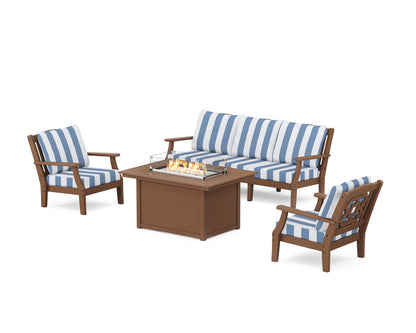 Martha Stewart by POLYWOOD® Chinoiserie Deep Seating Fire Pit Table Set in Teak / Cabana Stripe Sky Blue