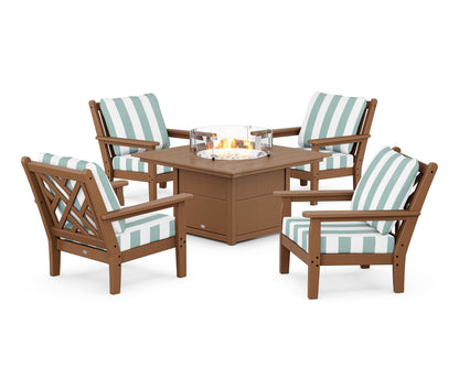 POLYWOOD® Chippendale 5-Piece Deep Seating Set with Fire Pit Table in Teak / Cabana Stripe Glacier Spa