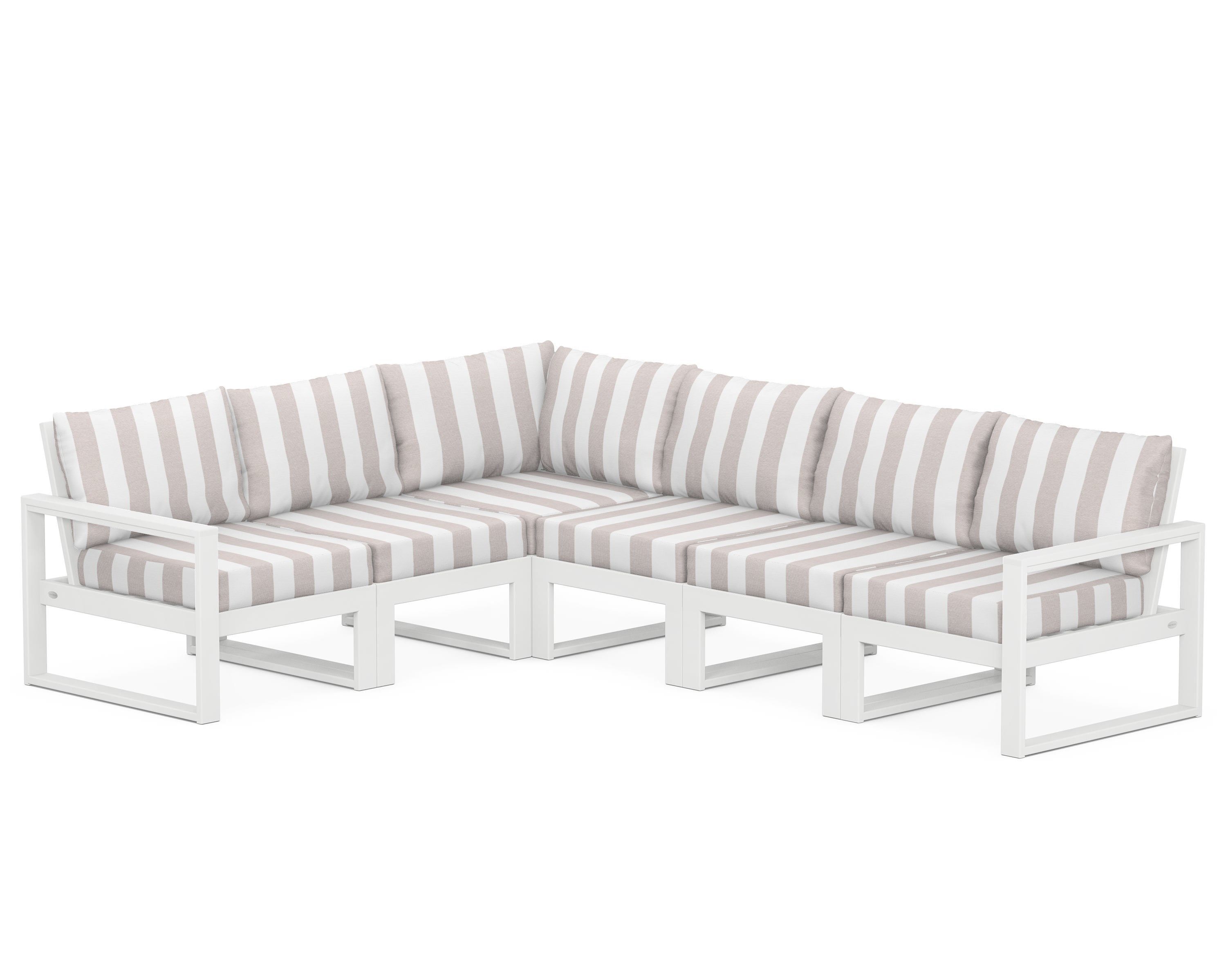 POLYWOOD® EDGE 6-Piece Modular Deep Seating Set in White / Cabana Stripe Dune Burlap