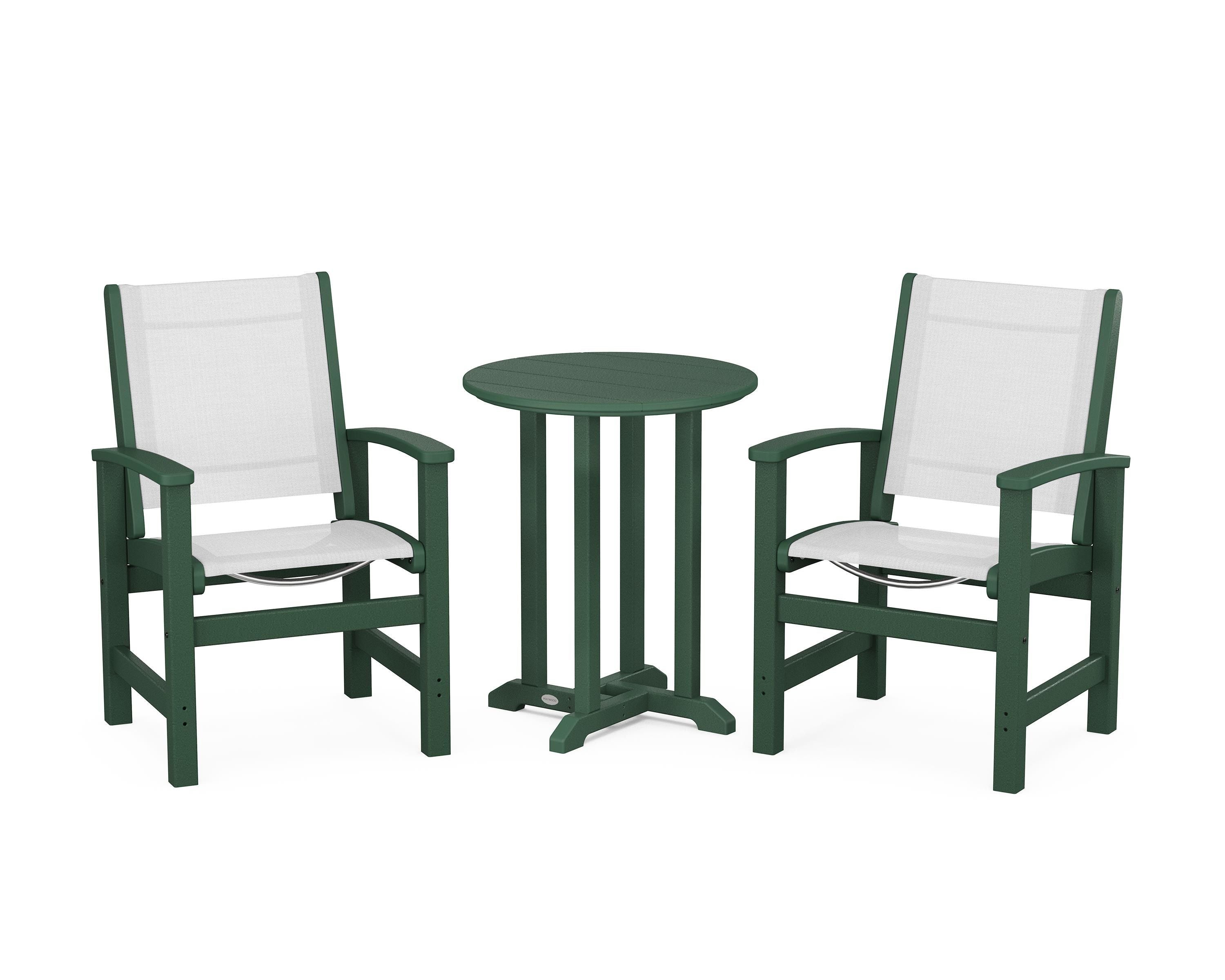 POLYWOOD® Coastal 3-Piece Round Bistro Dining Set in Green / White Sling