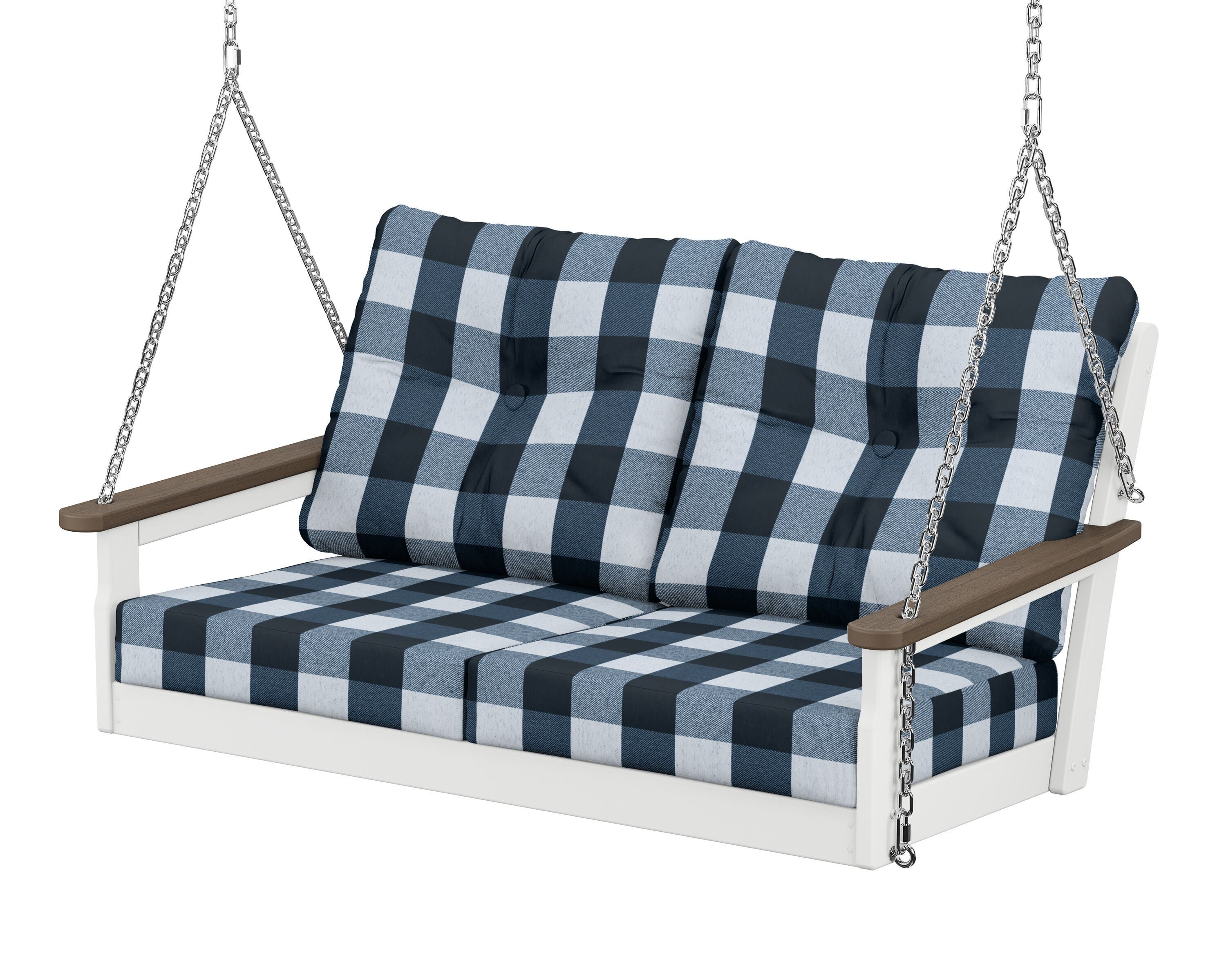 POLYWOOD® Vineyard Deep Seating Swing in White / Kona / Buffalo Plaid Marine Indigo