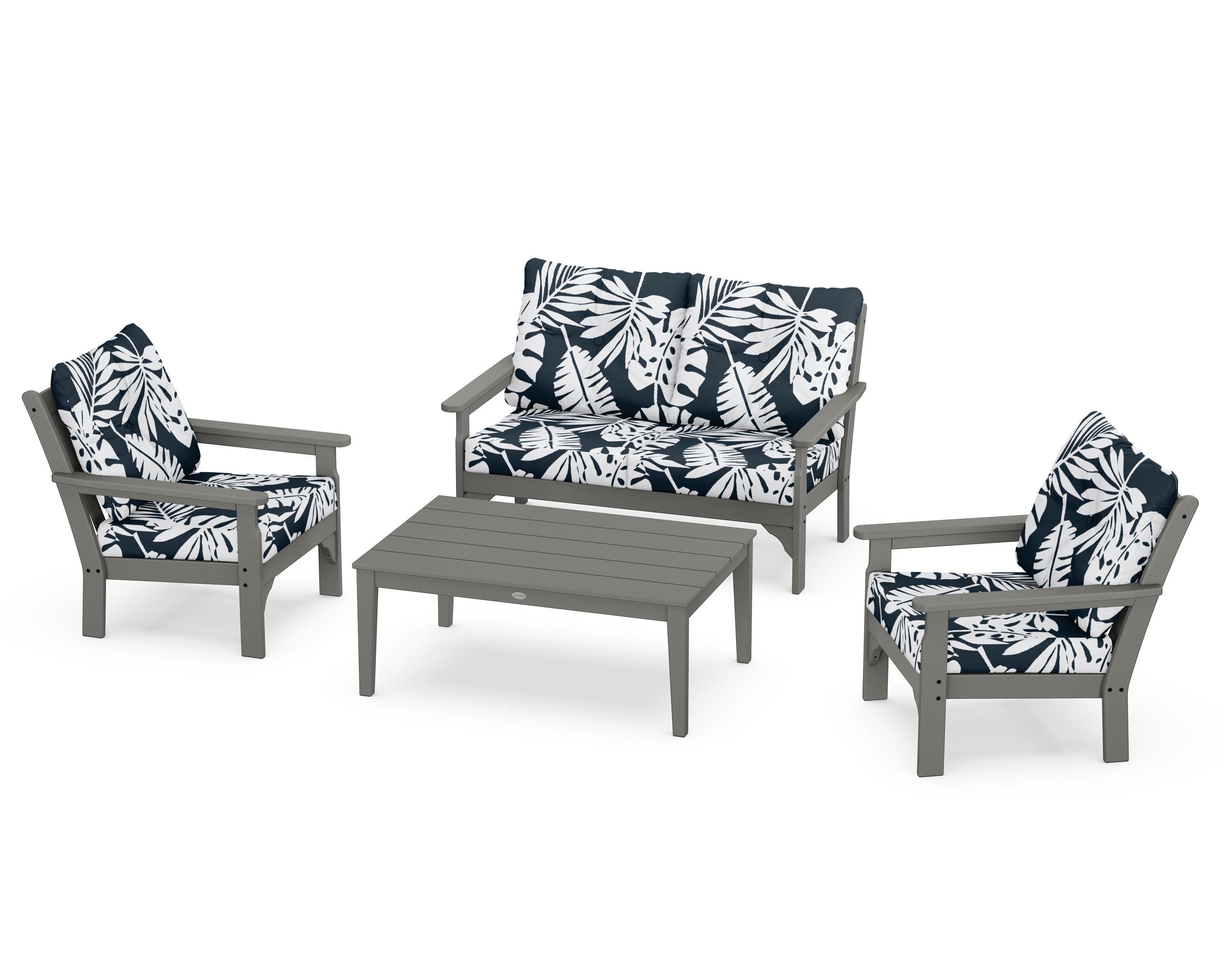 POLYWOOD® Vineyard 4-Piece Deep Seating Set in Slate Grey / Leaf Marine Indigo