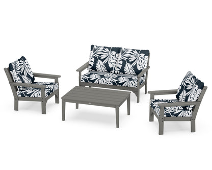POLYWOOD® Vineyard 4-Piece Deep Seating Set in Slate Grey / Leaf Marine Indigo