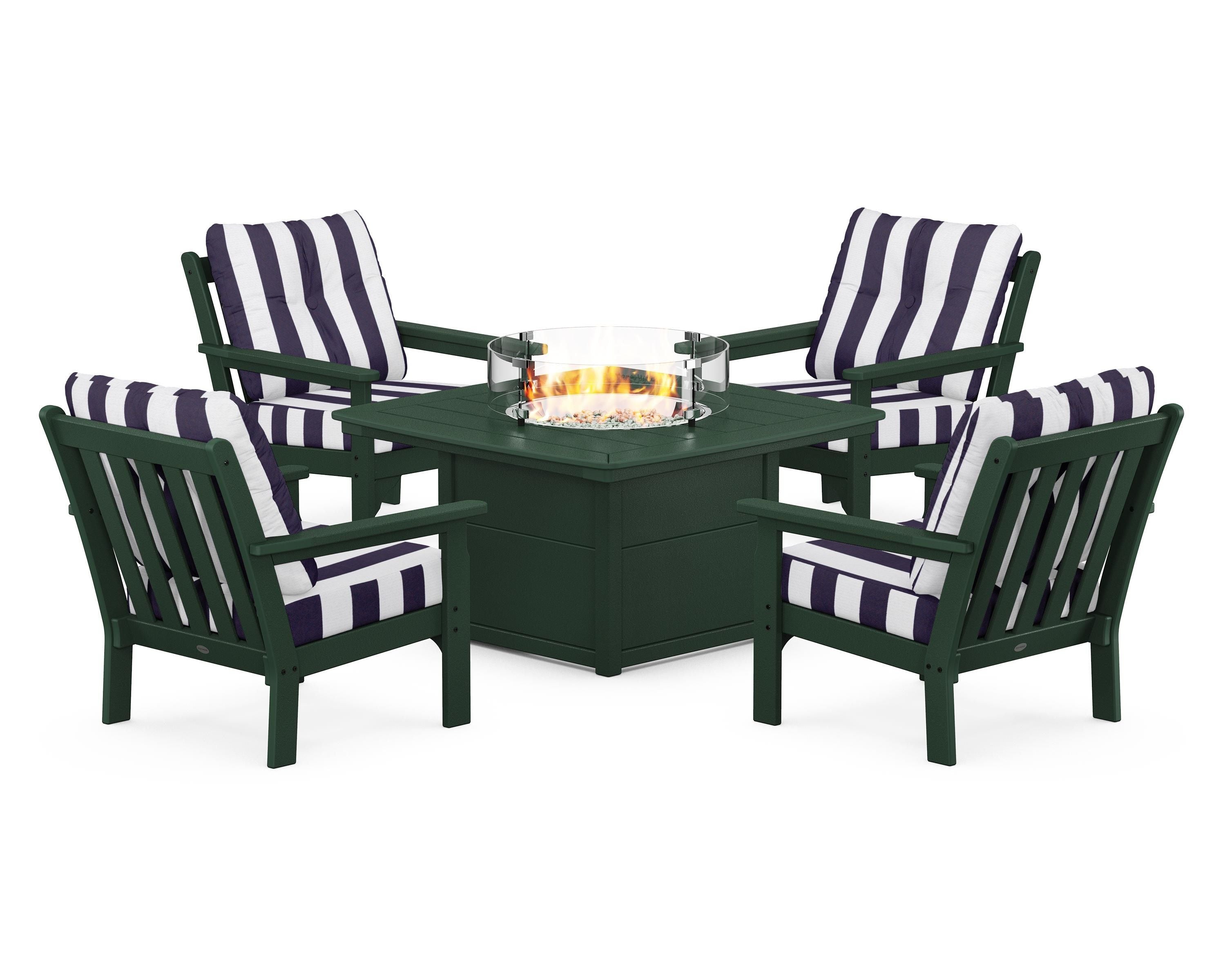 POLYWOOD® Vineyard 5-Piece Conversation Set with Fire Pit Table in Green / Cabana Stripe Navy