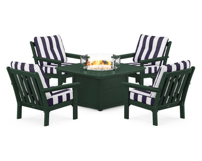 POLYWOOD® Vineyard 5-Piece Conversation Set with Fire Pit Table in Green / Cabana Stripe Navy