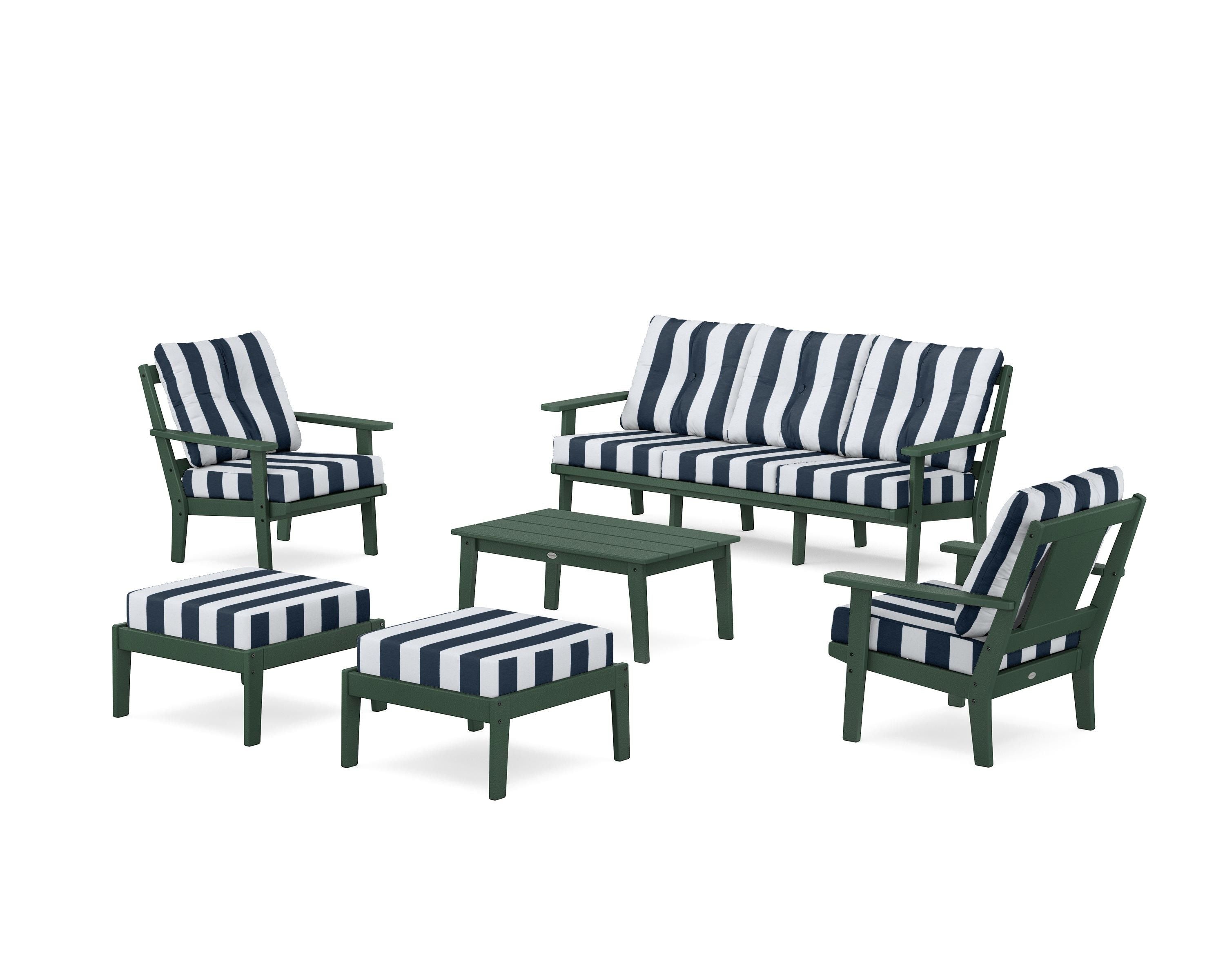 POLYWOOD® Prairie 6-Piece Lounge Sofa Set in Green / Cabana Stripe Marine Indigo