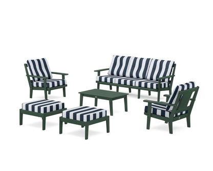 POLYWOOD® Prairie 6-Piece Lounge Sofa Set in Green / Cabana Stripe Marine Indigo