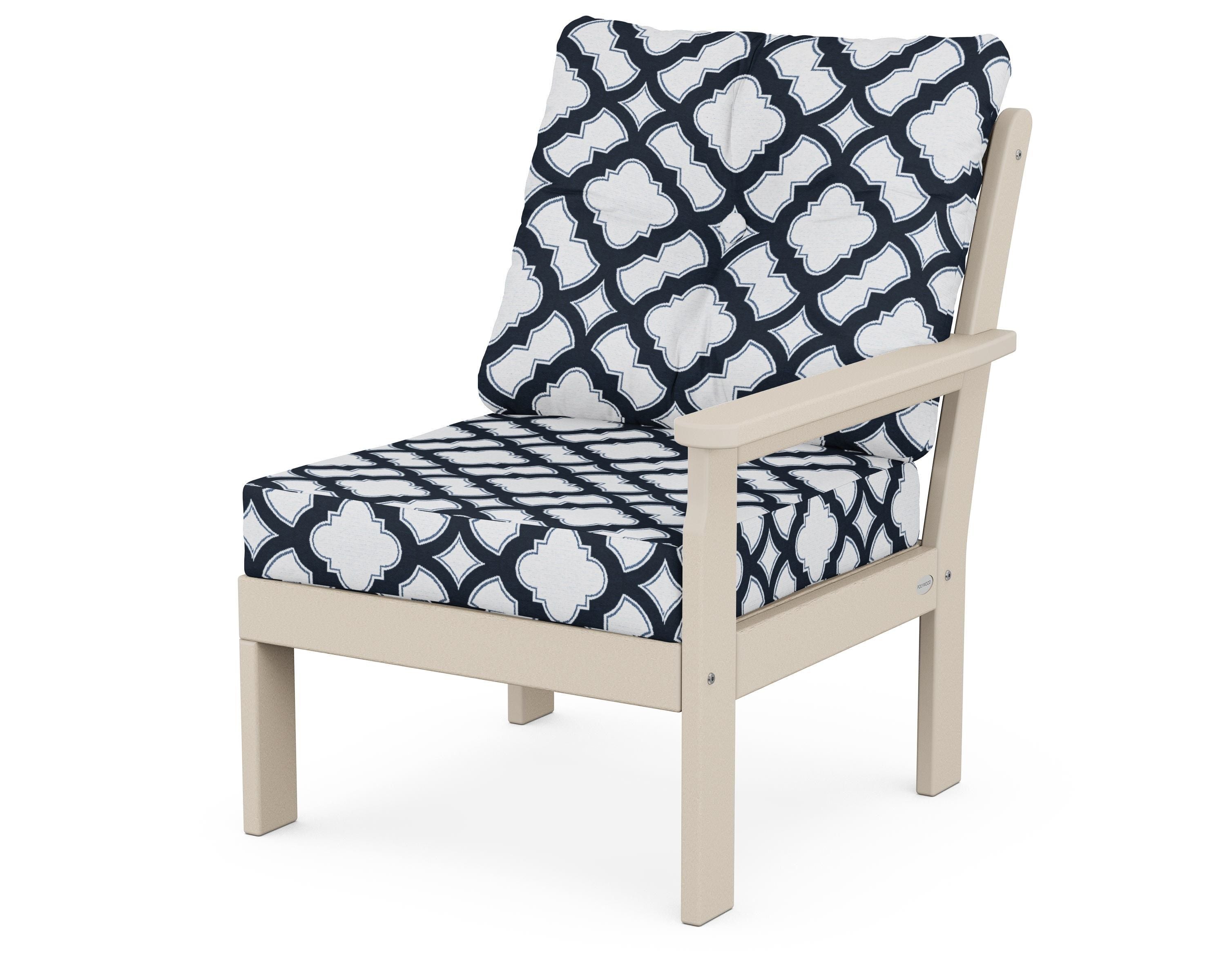 POLYWOOD® Vineyard Modular Right Arm Chair in Sand / Trellis Marine Indigo