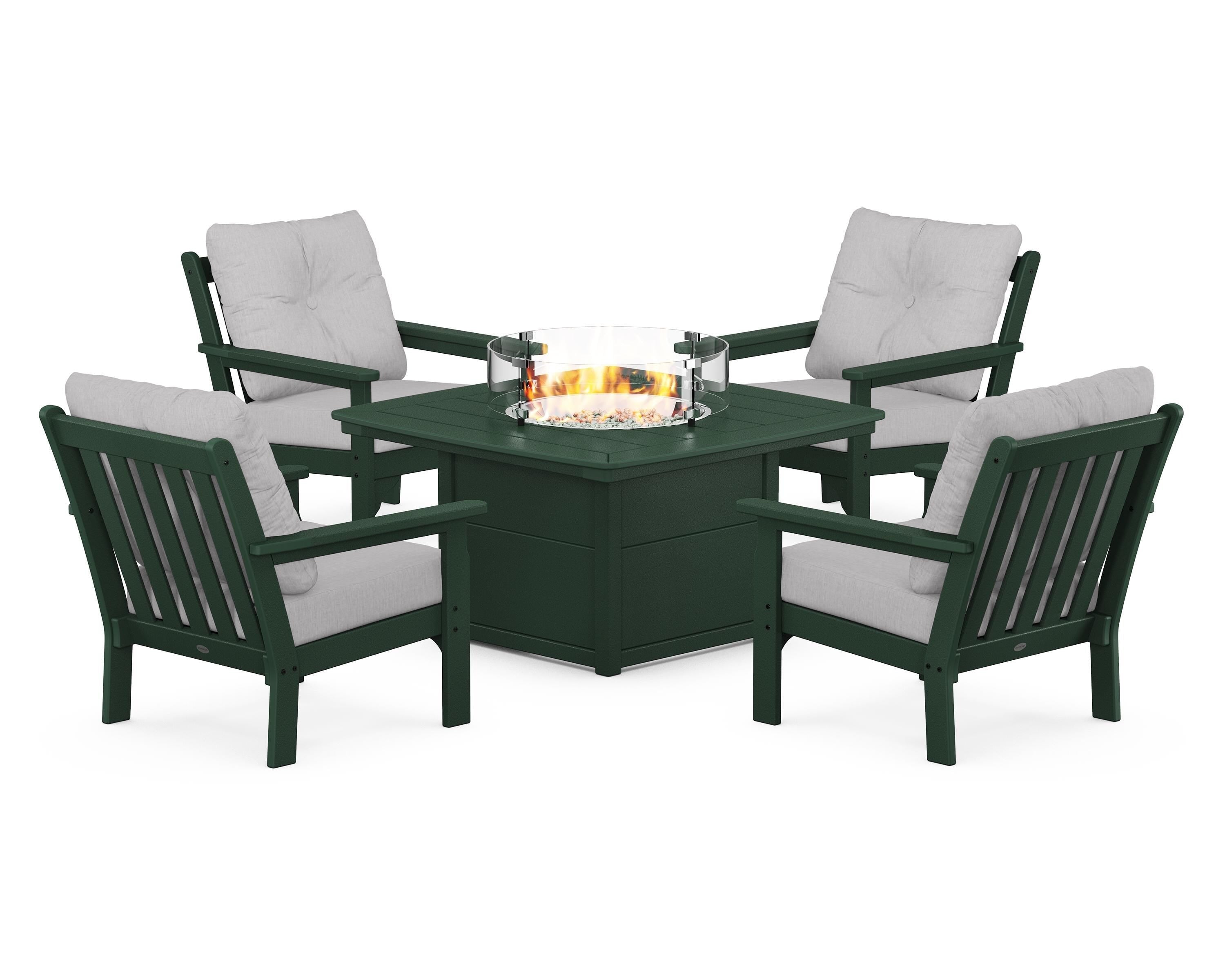 POLYWOOD® Vineyard 5-Piece Conversation Set with Fire Pit Table in Green / Granite