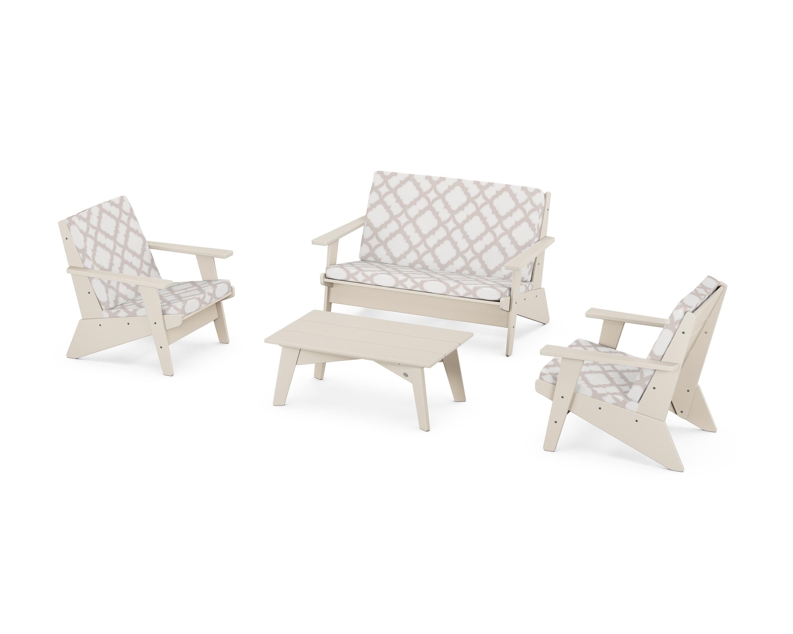 POLYWOOD® Riviera Modern Lounge 4-Piece Set in Sand / Trellis Dune Burlap