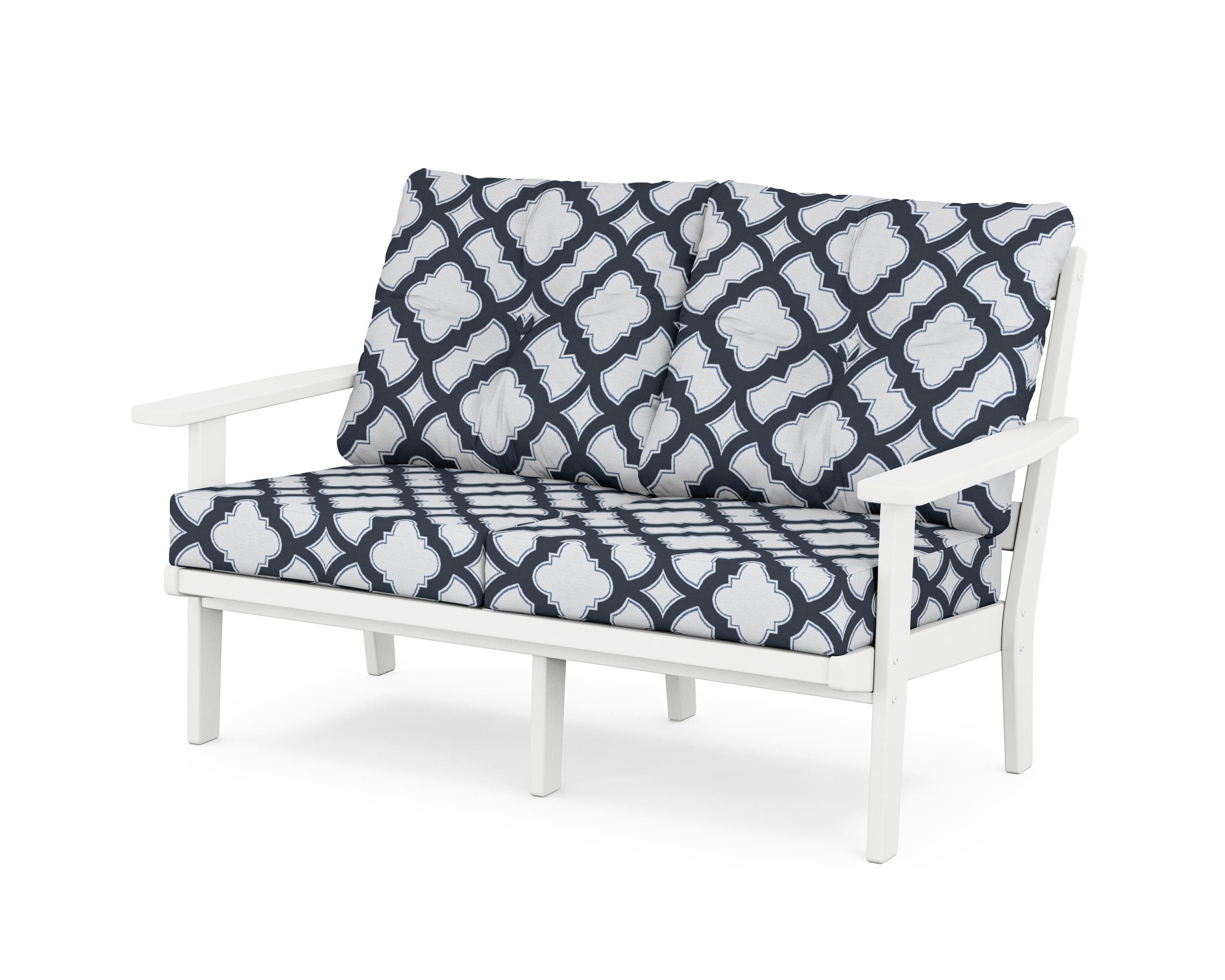POLYWOOD® Oxford Deep Seating Loveseat in White / Trellis Marine Indigo