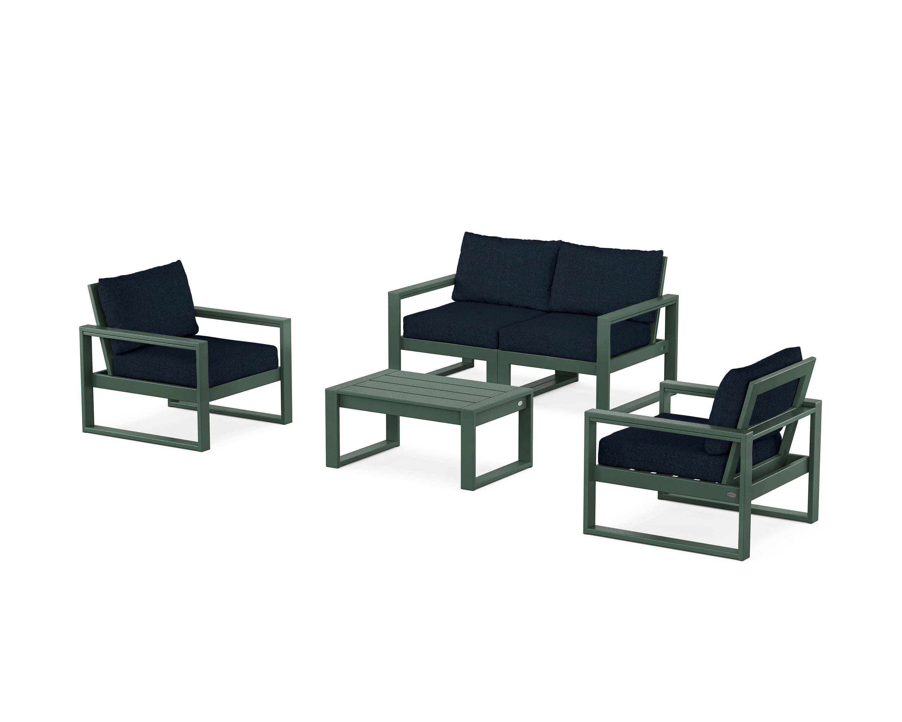 POLYWOOD® EDGE Sectional 4-Piece Deep Seating Set with Loveseat in Green / Marine Indigo