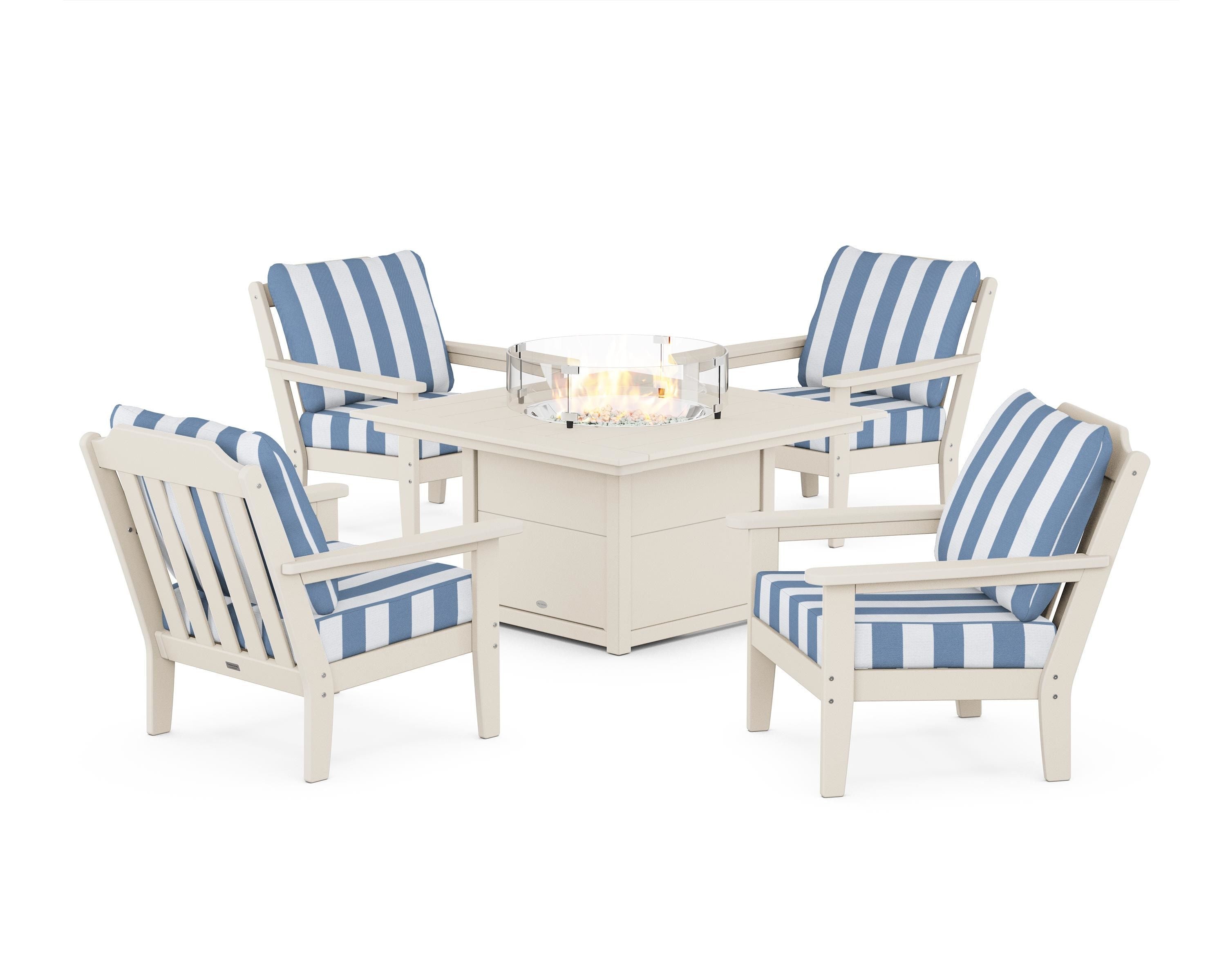 Country Living Cottage 5-Piece Deep Seating Set with Fire Pit Table in Sand / Cabana Stripe Sky Blue