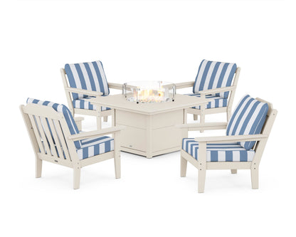 Country Living Cottage 5-Piece Deep Seating Set with Fire Pit Table in Sand / Cabana Stripe Sky Blue