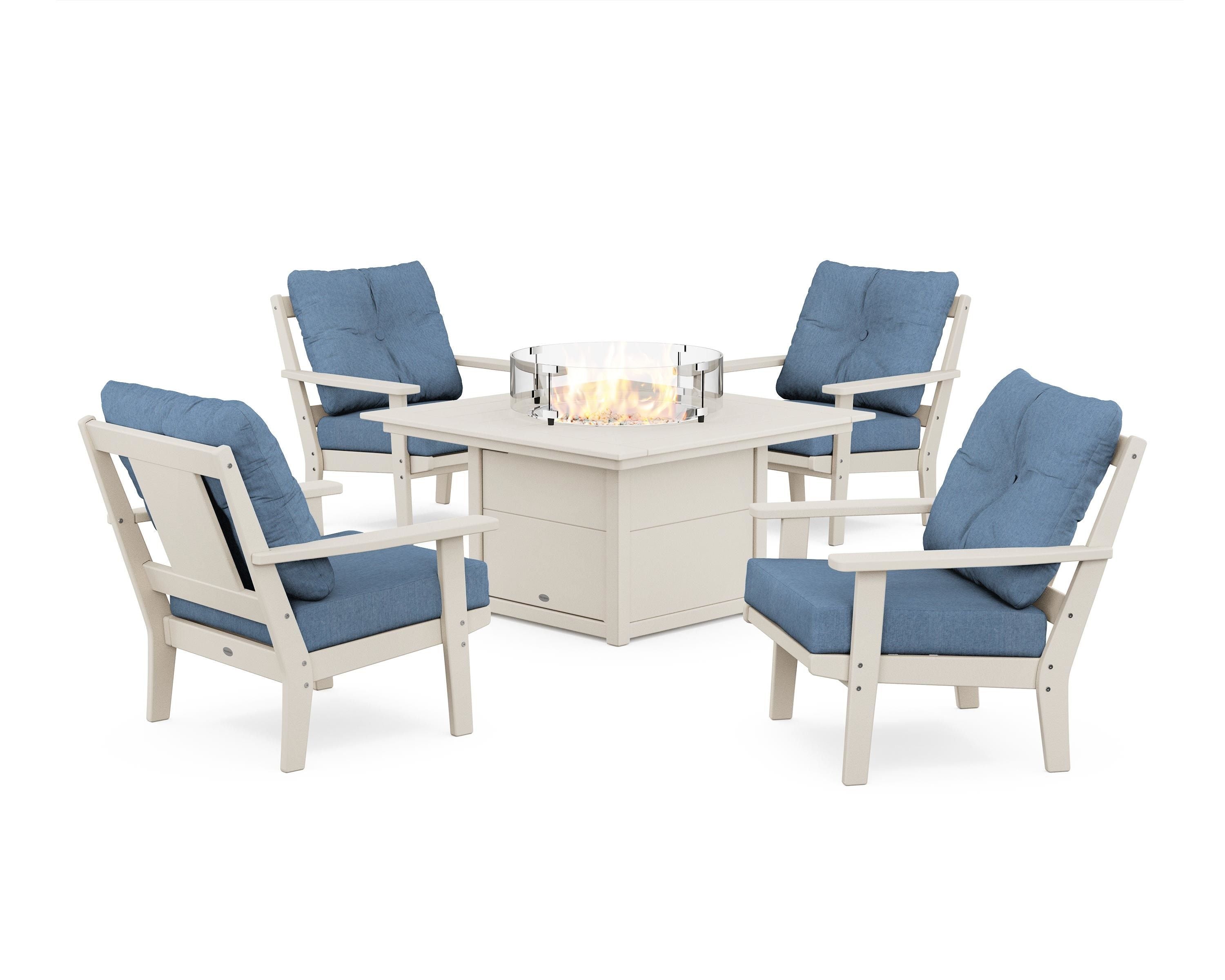 POLYWOOD® Prairie 5-Piece Deep Seating Set with Fire Pit Table in Sand / Sky Blue