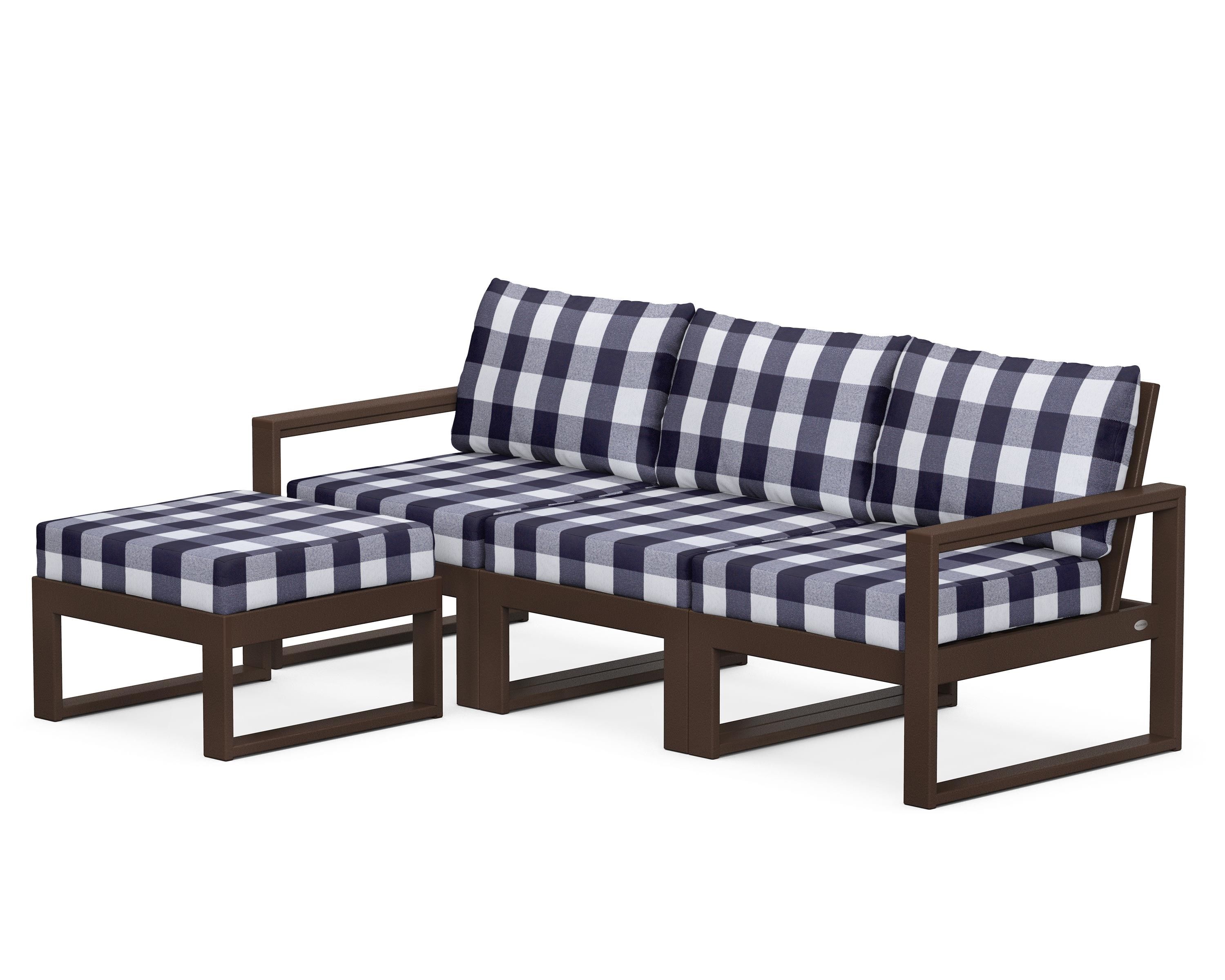 POLYWOOD® EDGE 4-Piece Modular Deep Seating Set with Ottoman in Mahogany / Buffalo Plaid Navy