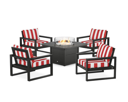 POLYWOOD® EDGE Sectional 5-Piece Deep Seating Set with Fire Pit Table in Black / Cabana Stripe Crimson