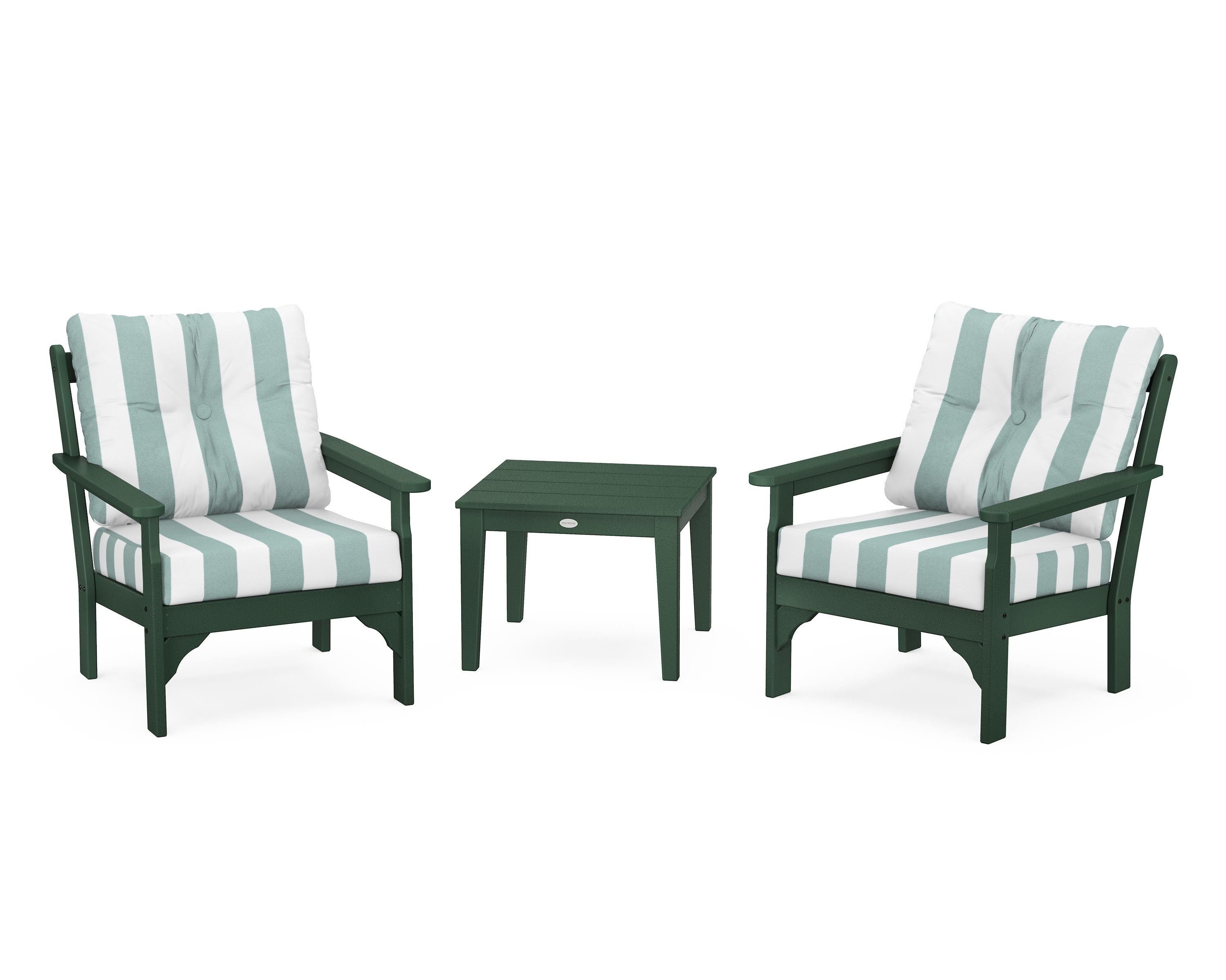 POLYWOOD® Vineyard 3-Piece Deep Seating Set in Green / Cabana Stripe Glacier Spa