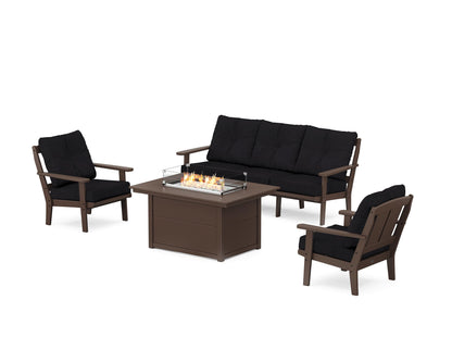 POLYWOOD® Mission Deep Seating Fire Pit Table Set in Mahogany / Midnight Linen