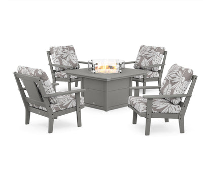 POLYWOOD® Prairie 5-Piece Deep Seating Set with Fire Pit Table in Slate Grey / Leaf Grey Mist