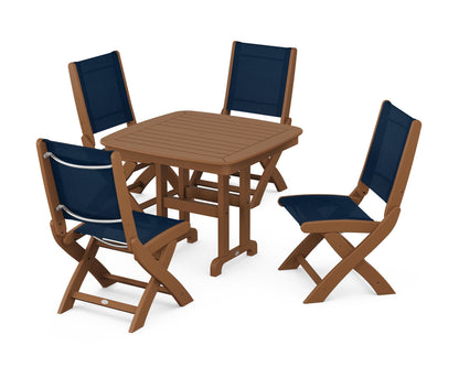 POLYWOOD® Coastal Folding Side Chair 5-Piece Dining Set in Teak / Navy Blue Sling