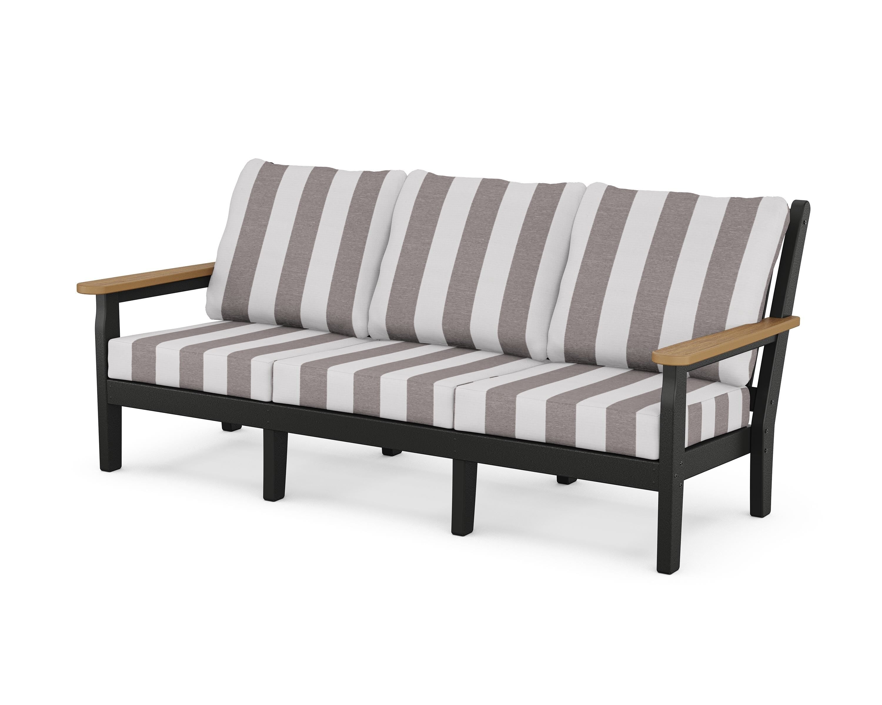 POLYWOOD® Chippendale Deep Seating Sofa in Black / Natural / Cabana Stripe Grey Mist