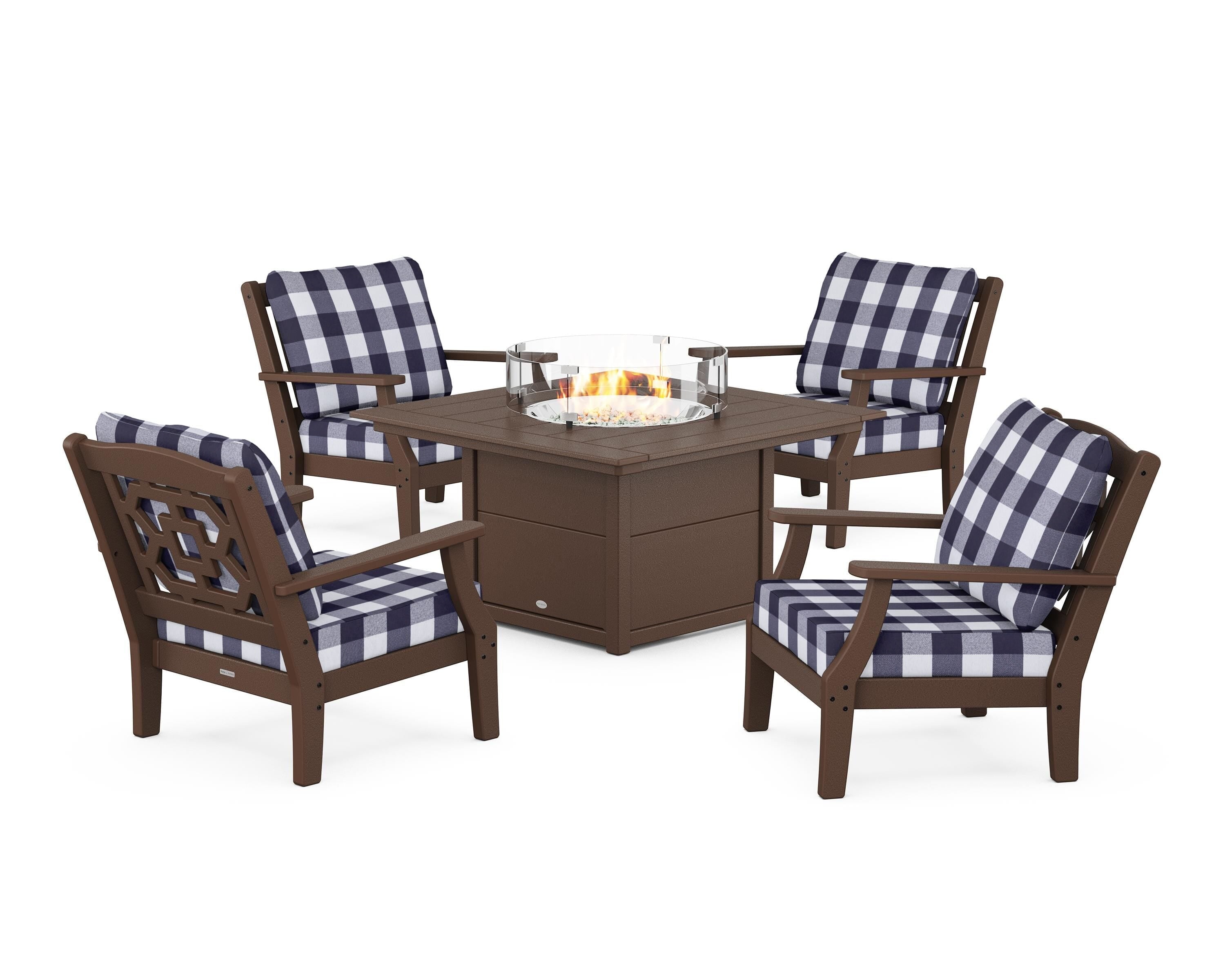 Martha Stewart by POLYWOOD® Chinoiserie 5-Piece Deep Seating Set with Fire Pit Table in Mahogany / Buffalo Plaid Navy