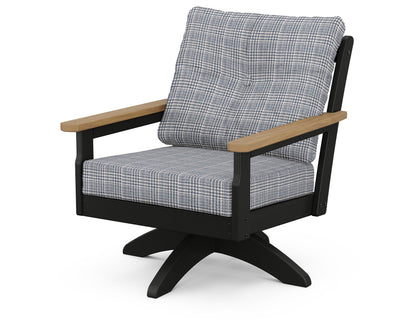 POLYWOOD® Vineyard Deep Seating Swivel Chair in Black / Natural / Houndstooth Sky Blue