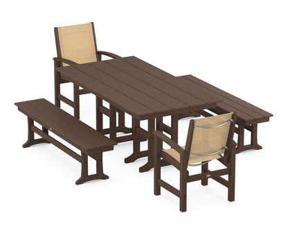 POLYWOOD® Coastal 5-Piece Farmhouse Dining Set in Mahogany / Dupioni Apricot Sling
