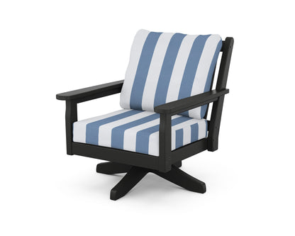 POLYWOOD® Chippendale Deep Seating Swivel Chair in Black / Cabana Stripe Sky Blue