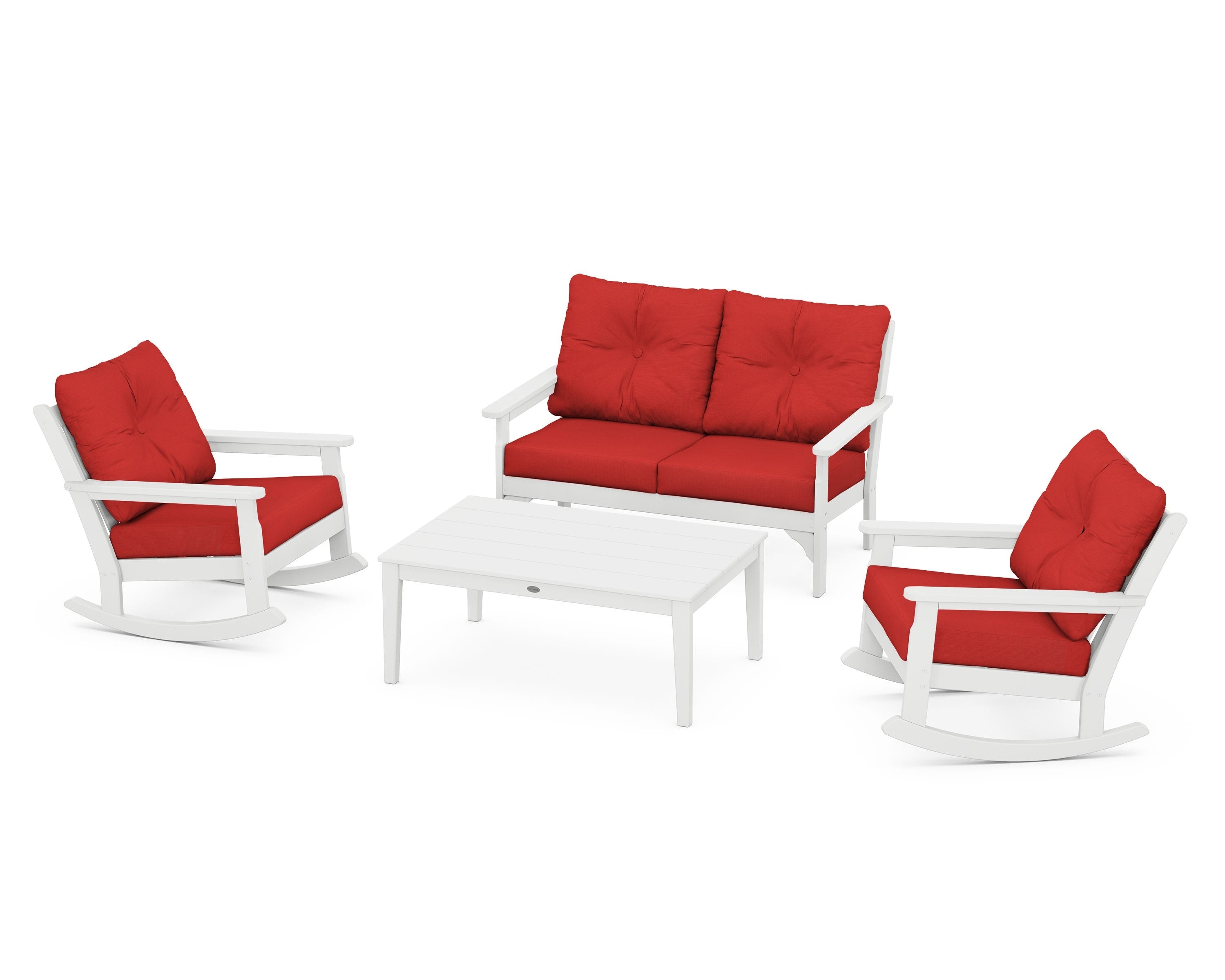 POLYWOOD® Vineyard 4-Piece Deep Seating Rocking Chair Set in White / Crimson Linen