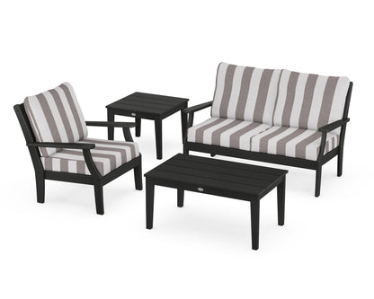 POLYWOOD® Braxton 4-Piece Deep Seating Set in Black / Cabana Stripe Grey Mist
