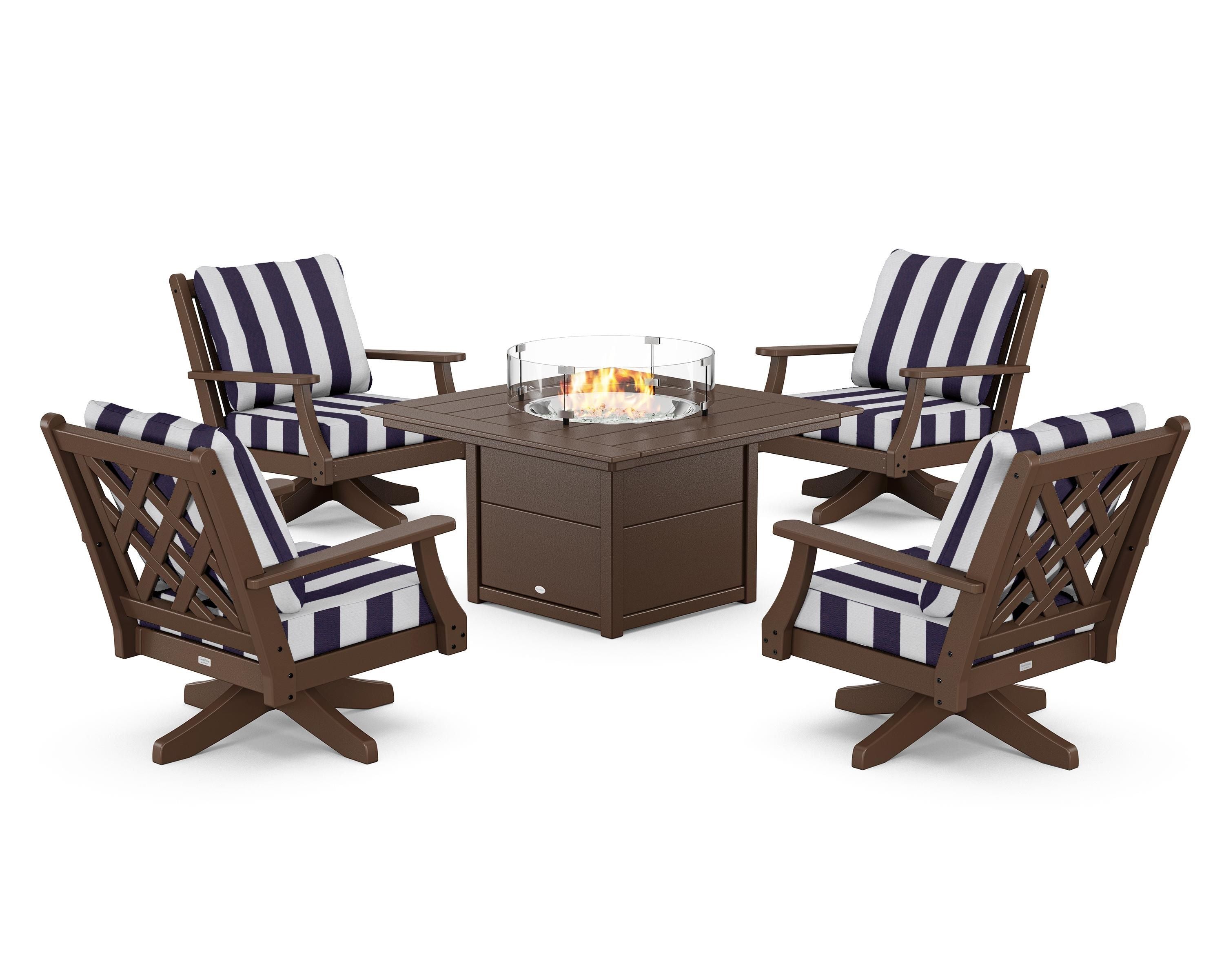 Country Living Wovendale 5-Piece Deep Seating Swivel Conversation Set with Fire Pit Table in Mahogany / Cabana Stripe Navy