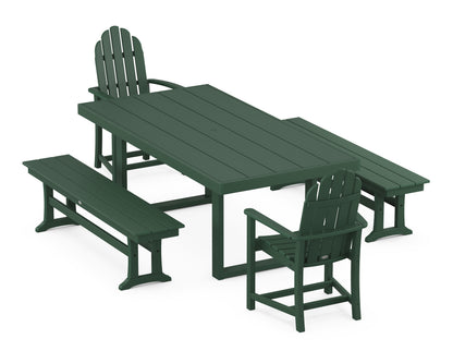 POLYWOOD® Classic Adirondack 5-Piece Dining Set with Benches in Green