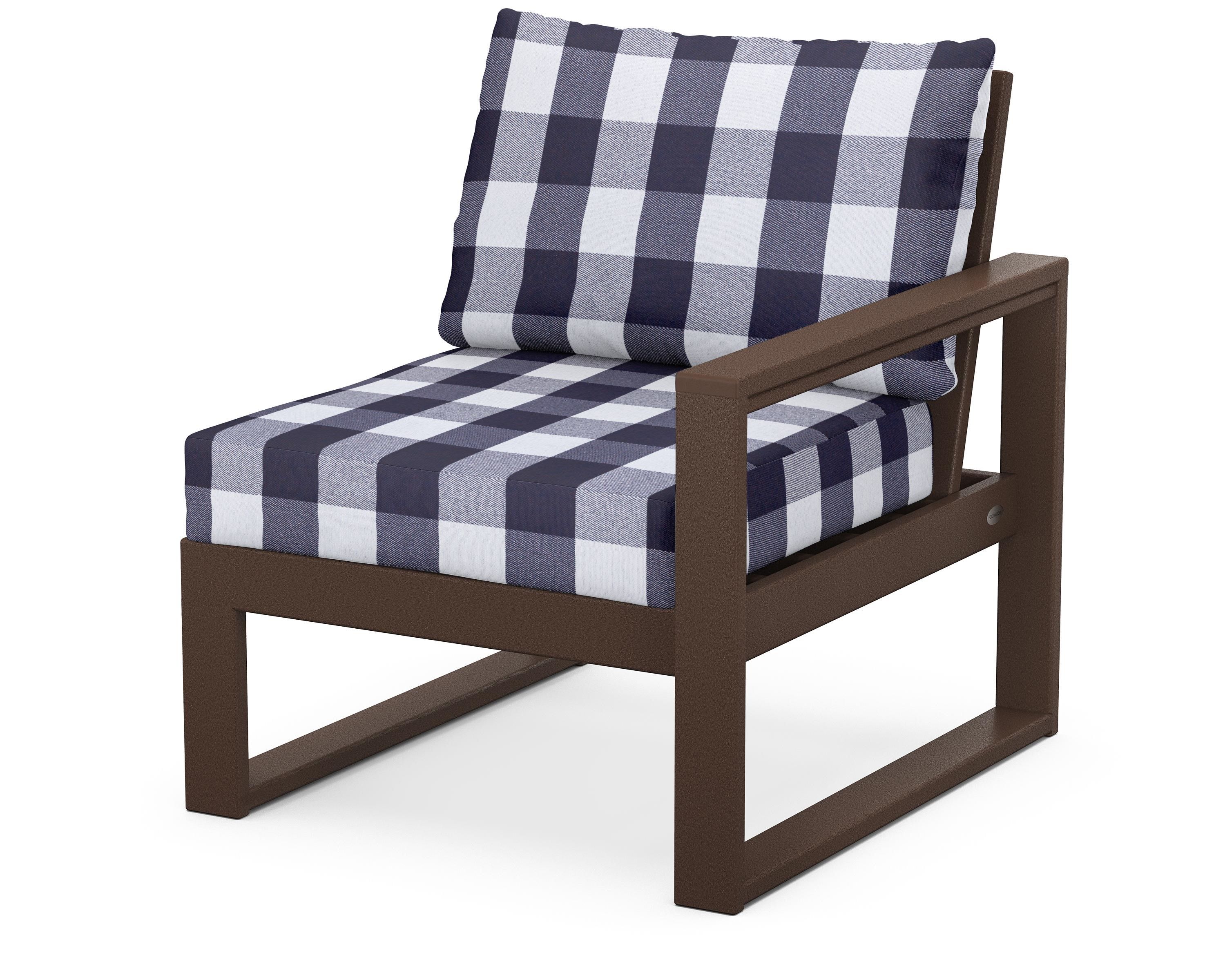 POLYWOOD® EDGE Modular Right Arm Chair in Mahogany / Buffalo Plaid Navy