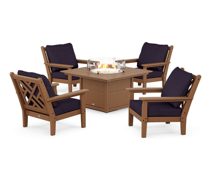 POLYWOOD® Chippendale 5-Piece Deep Seating Set with Fire Pit Table in Teak / Navy Linen