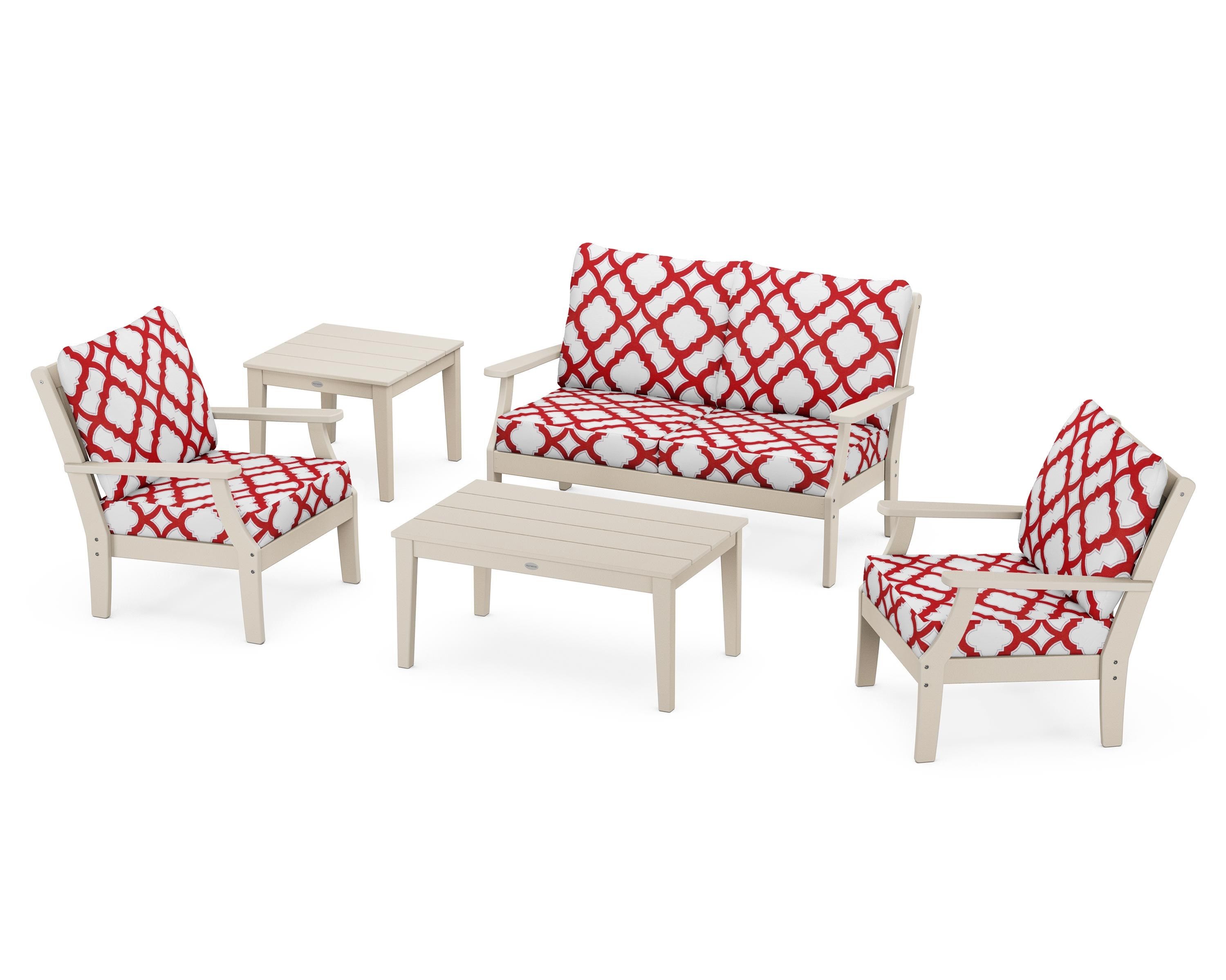 POLYWOOD® Braxton 5-Piece Deep Seating Set in Sand / Trellis Crimson