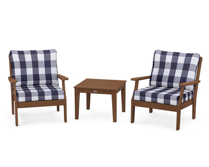 POLYWOOD® Braxton 3-Piece Deep Seating Set in Teak / Buffalo Plaid Navy